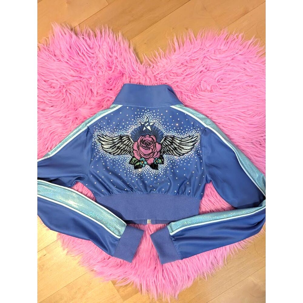 Rebel Athletic stretch crop jacket with rhinestone rose AXS purple cheer dance